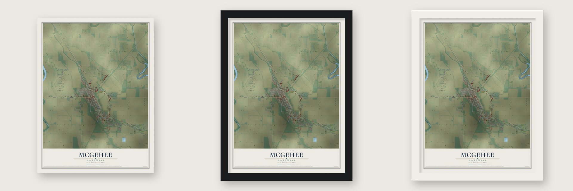 McGehee, Arkansas map unframed, in a black wood frame and in a white wood frame