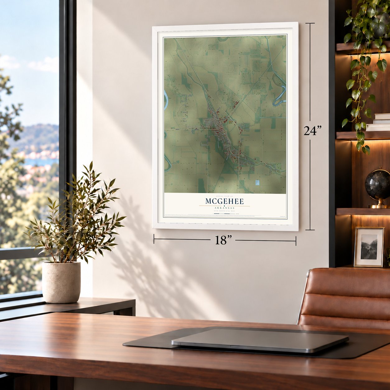 McGehee, Arkansas map, 18 x 24 inch print in a white frame in a home office