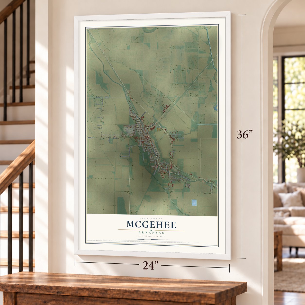 McGehee, Arkansas map, 24 x 36 inch print in a white frame by a staircase