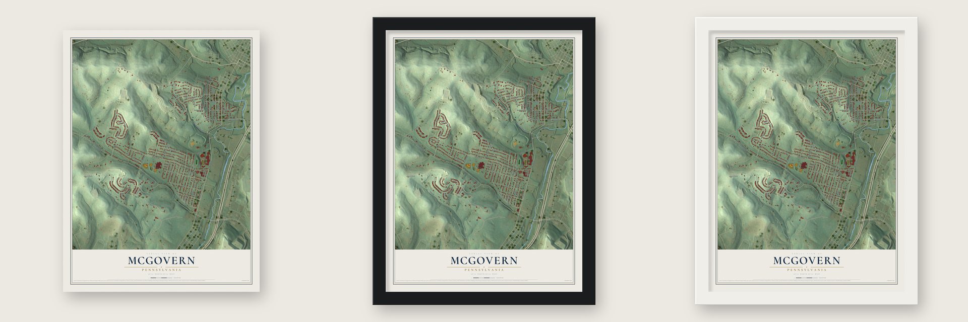 McGovern, Pennsylvania map unframed, in a black wood frame and in a white wood frame