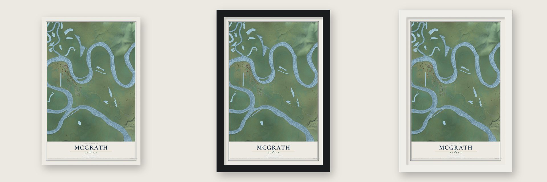 McGrath, Alaska map unframed, in a black wood frame and in a white wood frame