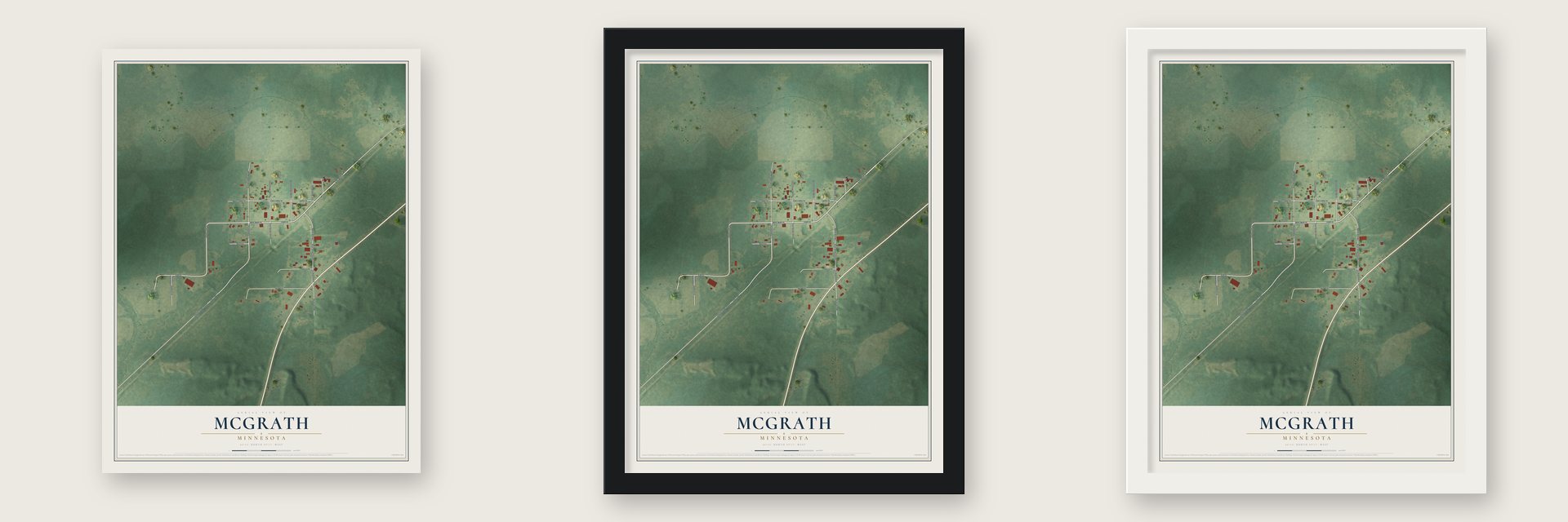 McGrath, Minnesota map unframed, in a black wood frame and in a white wood frame