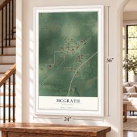 McGrath, Minnesota map, 24 x 36 inch print in a white frame by a staircase