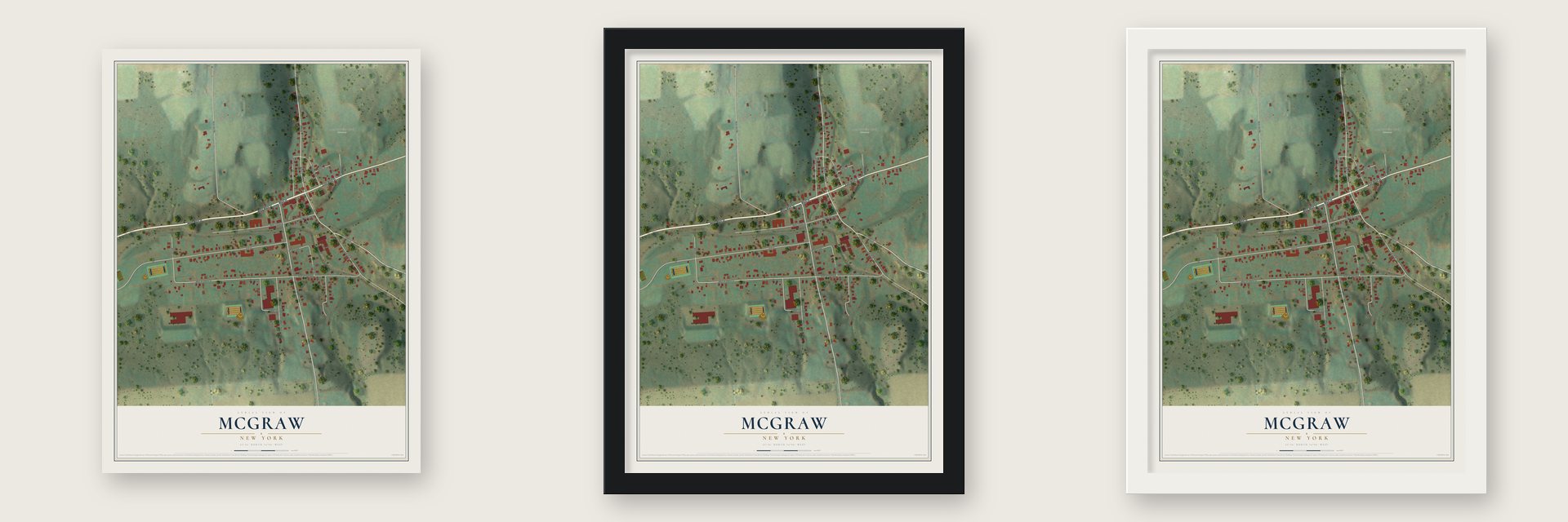 McGraw, New York map unframed, in a black wood frame and in a white wood frame