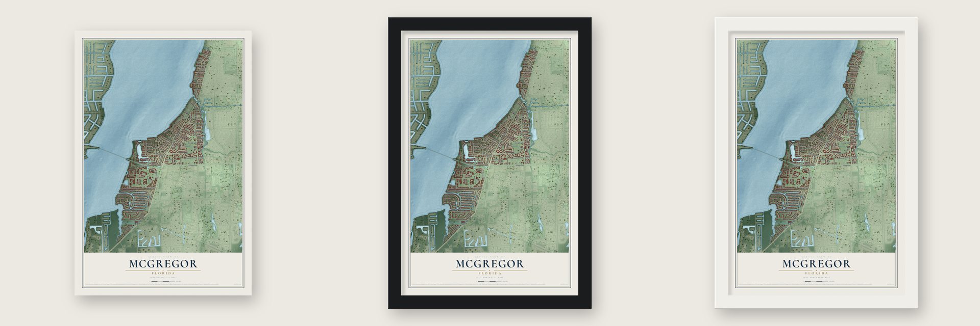McGregor, Florida map unframed, in a black wood frame and in a white wood frame