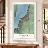 McGregor, Florida map, 24 x 36 inch print in a white frame by a staircase