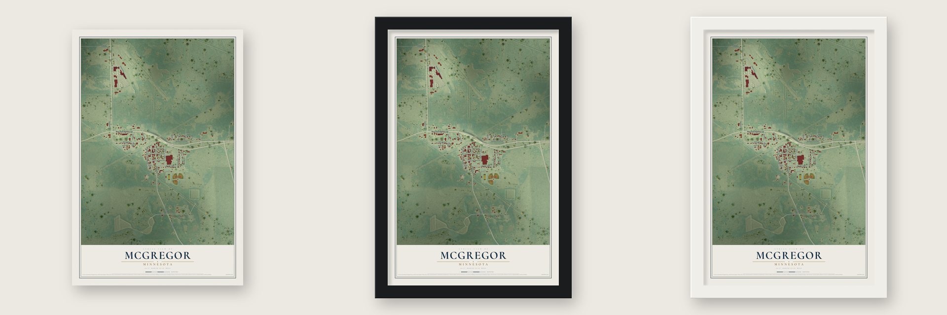 McGregor, Minnesota map unframed, in a black wood frame and in a white wood frame