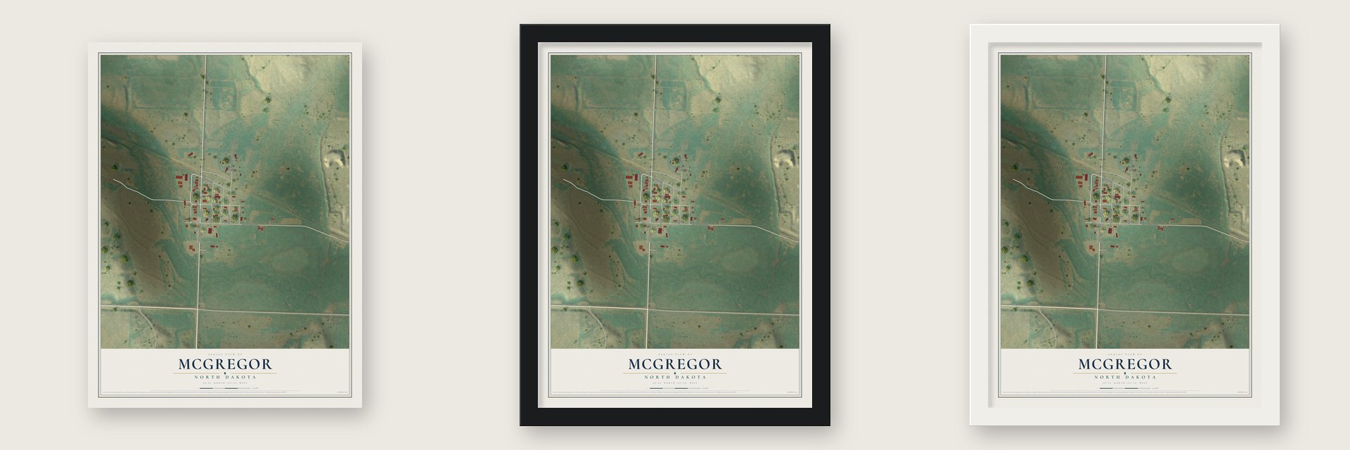 McGregor, North Dakota map unframed, in a black wood frame and in a white wood frame