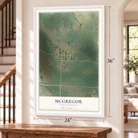 McGregor, North Dakota map, 24 x 36 inch print in a white frame by a staircase