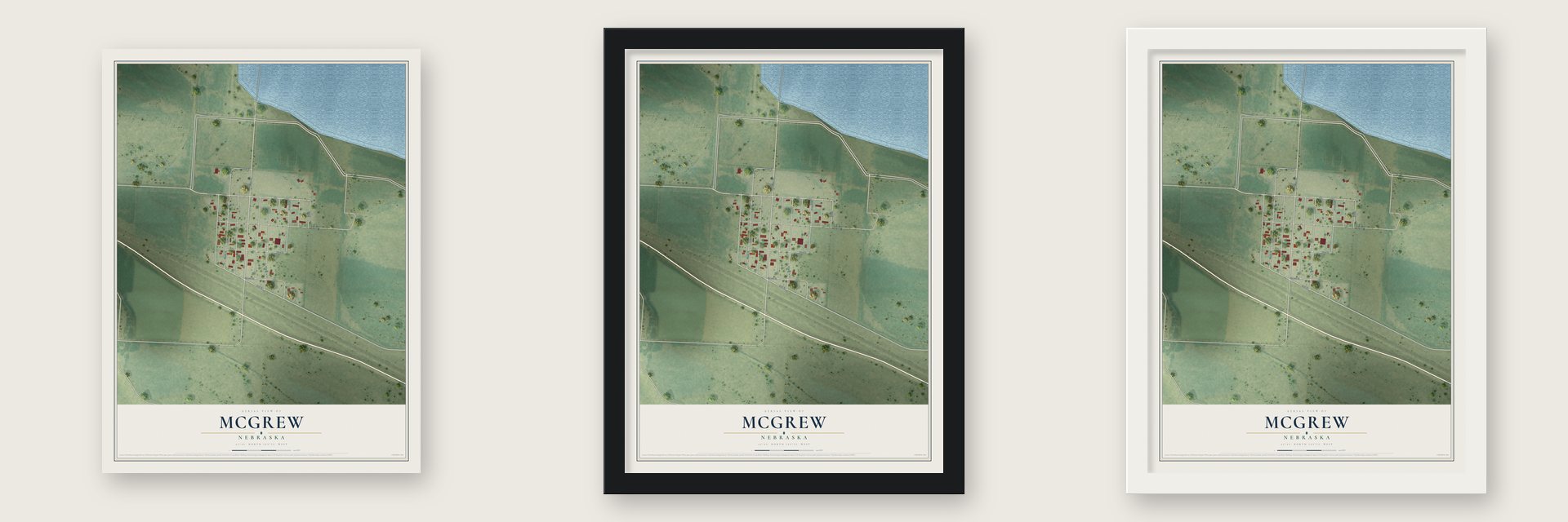 McGrew, Nebraska map unframed, in a black wood frame and in a white wood frame