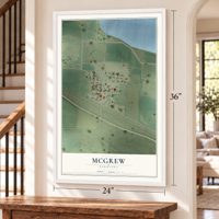 McGrew, Nebraska map, 24 x 36 inch print in a white frame by a staircase
