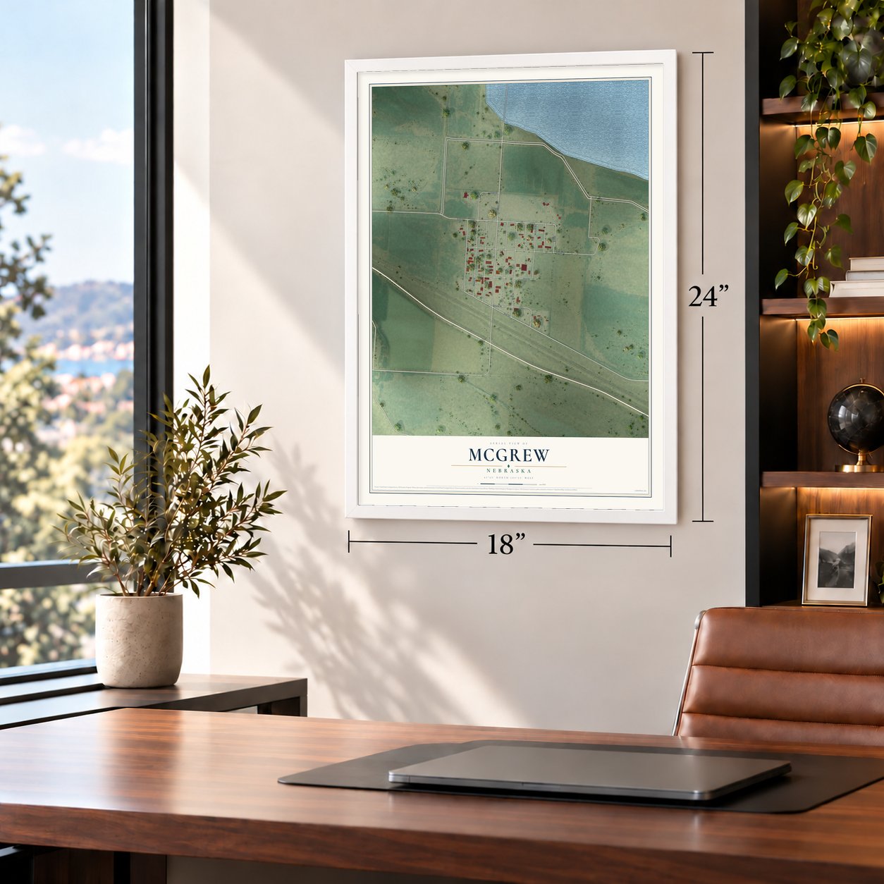 McGrew, Nebraska map, 18 x 24 inch print in a white frame in a home office