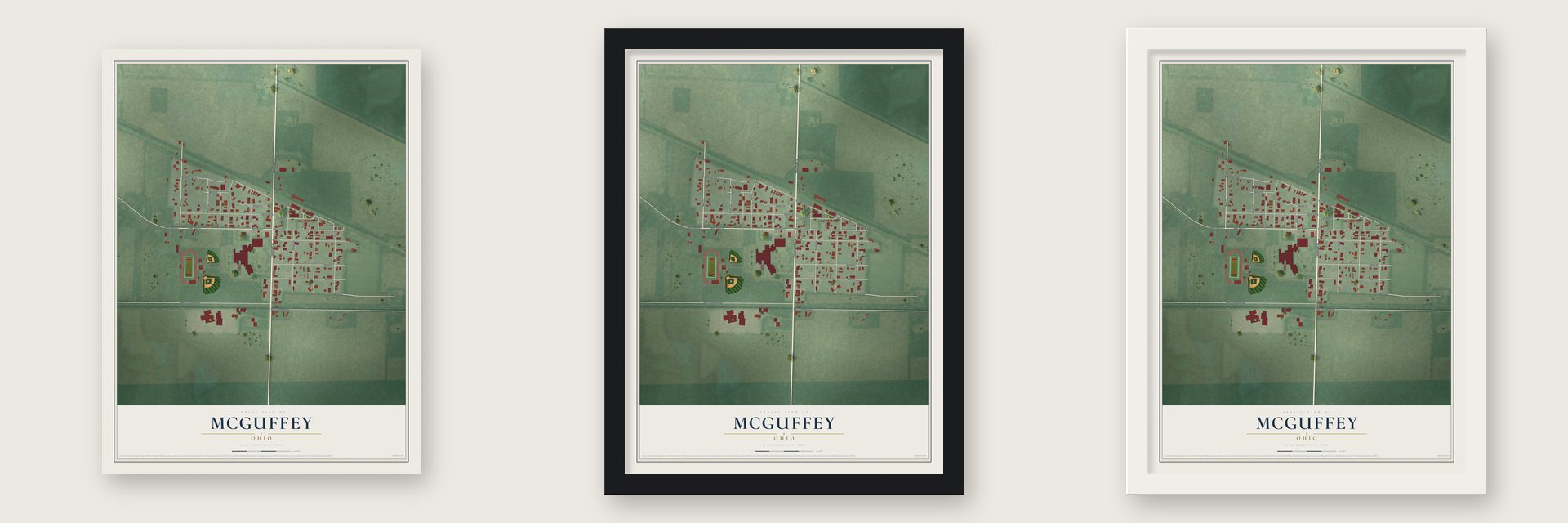 McGuffey, Ohio map unframed, in a black wood frame and in a white wood frame