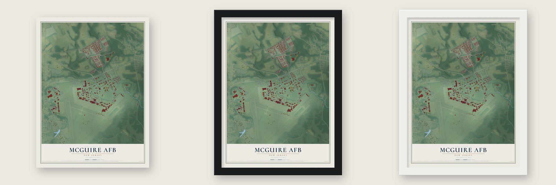 McGuire AFB, New Jersey map unframed, in a black wood frame and in a white wood frame