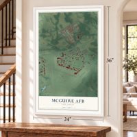 McGuire AFB, New Jersey map, 24 x 36 inch print in a white frame by a staircase