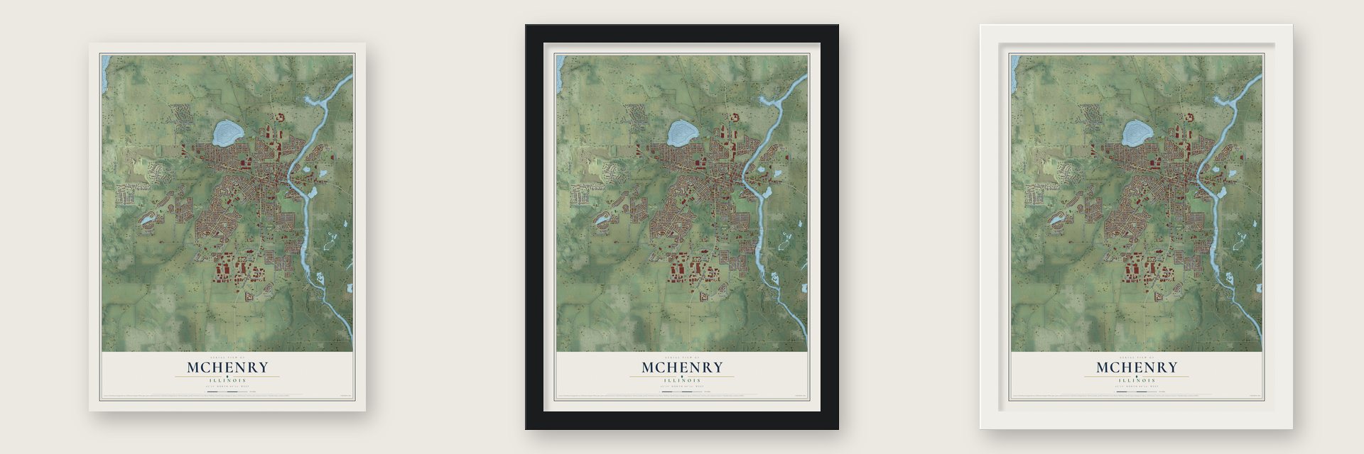 McHenry, Illinois map unframed, in a black wood frame and in a white wood frame
