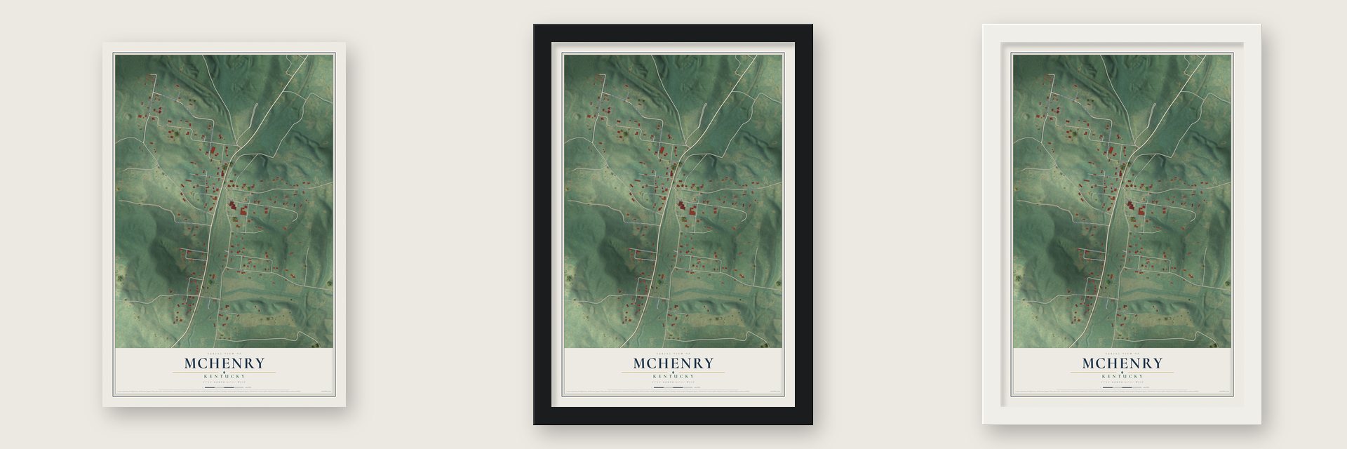 McHenry, Kentucky map unframed, in a black wood frame and in a white wood frame