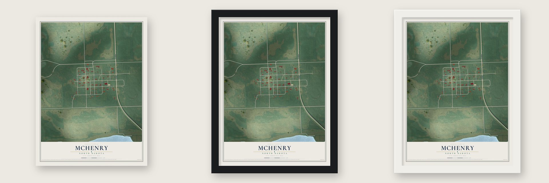 McHenry, North Dakota map unframed, in a black wood frame and in a white wood frame