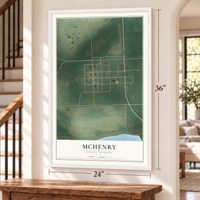 McHenry, North Dakota map, 24 x 36 inch print in a white frame by a staircase