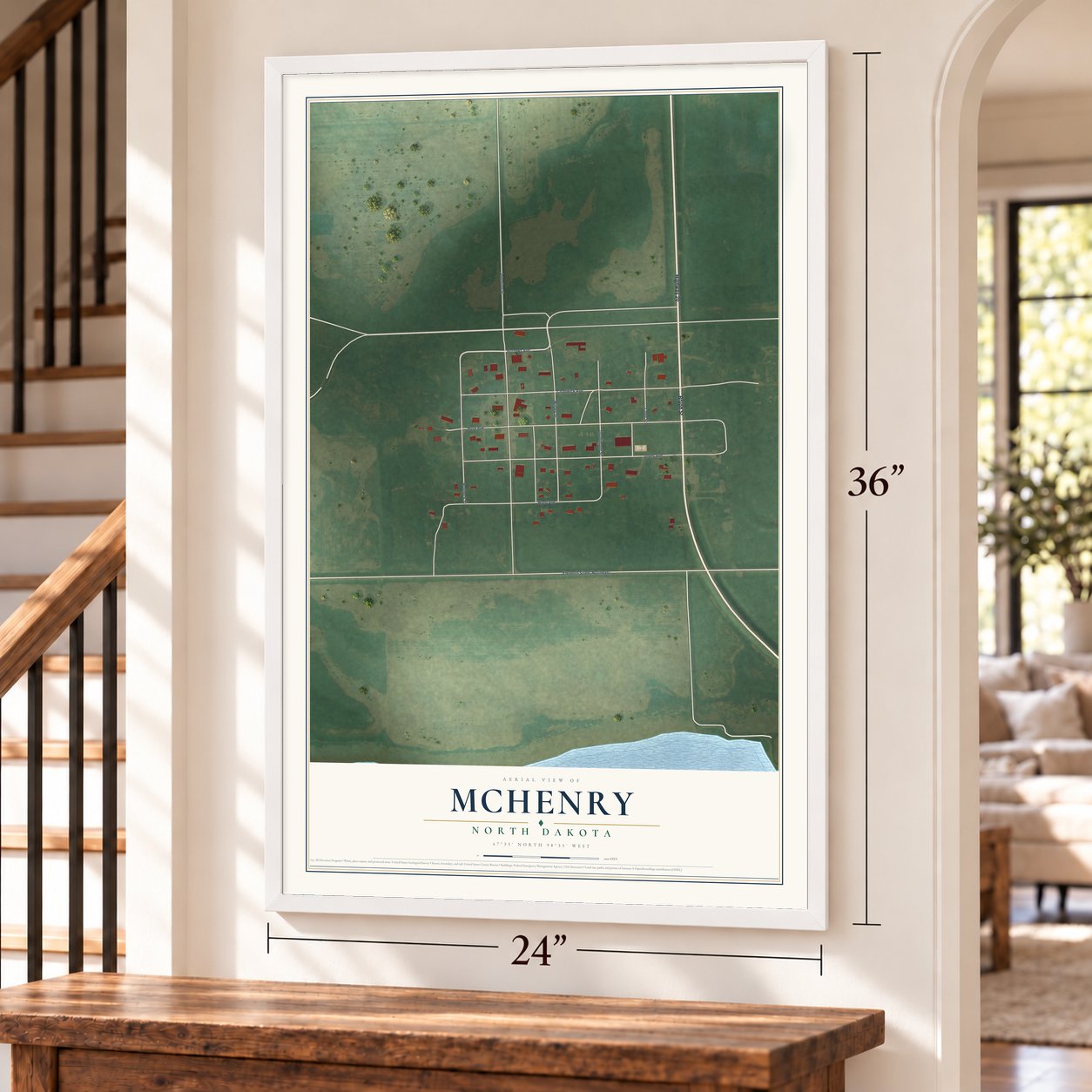 McHenry, North Dakota map, 24 x 36 inch print in a white frame by a staircase