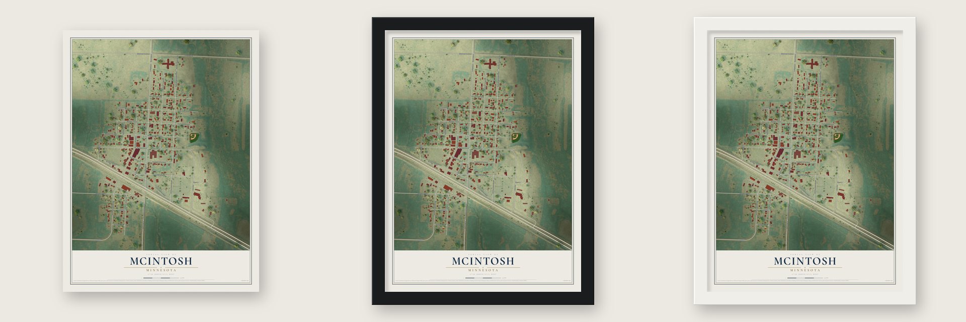McIntosh, Minnesota map unframed, in a black wood frame and in a white wood frame