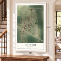 McIntosh, Minnesota map, 24 x 36 inch print in a white frame by a staircase