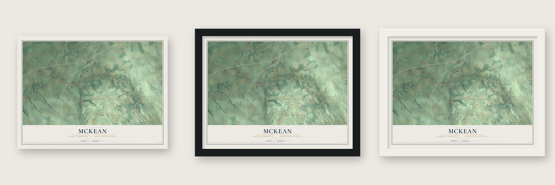 McKean, Erie County, Pennsylvania map unframed, in a black wood frame and in a white wood frame