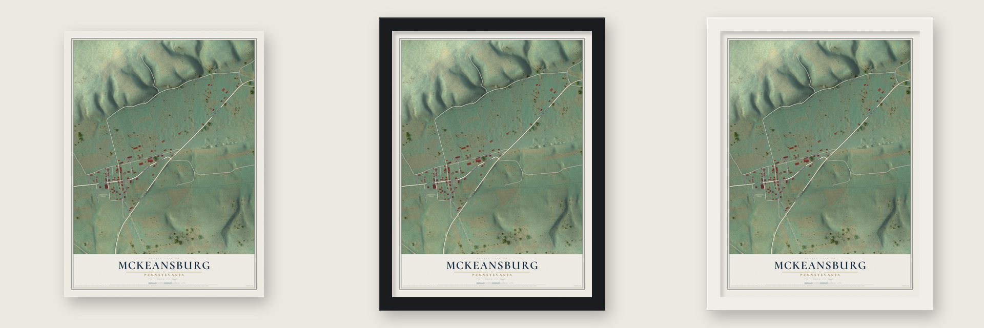 McKeansburg, Pennsylvania map unframed, in a black wood frame and in a white wood frame