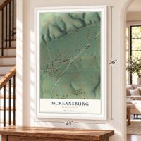 McKeansburg, Pennsylvania map, 24 x 36 inch print in a white frame by a staircase