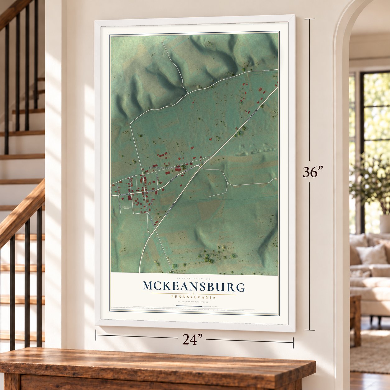 McKeansburg, Pennsylvania map, 24 x 36 inch print in a white frame by a staircase