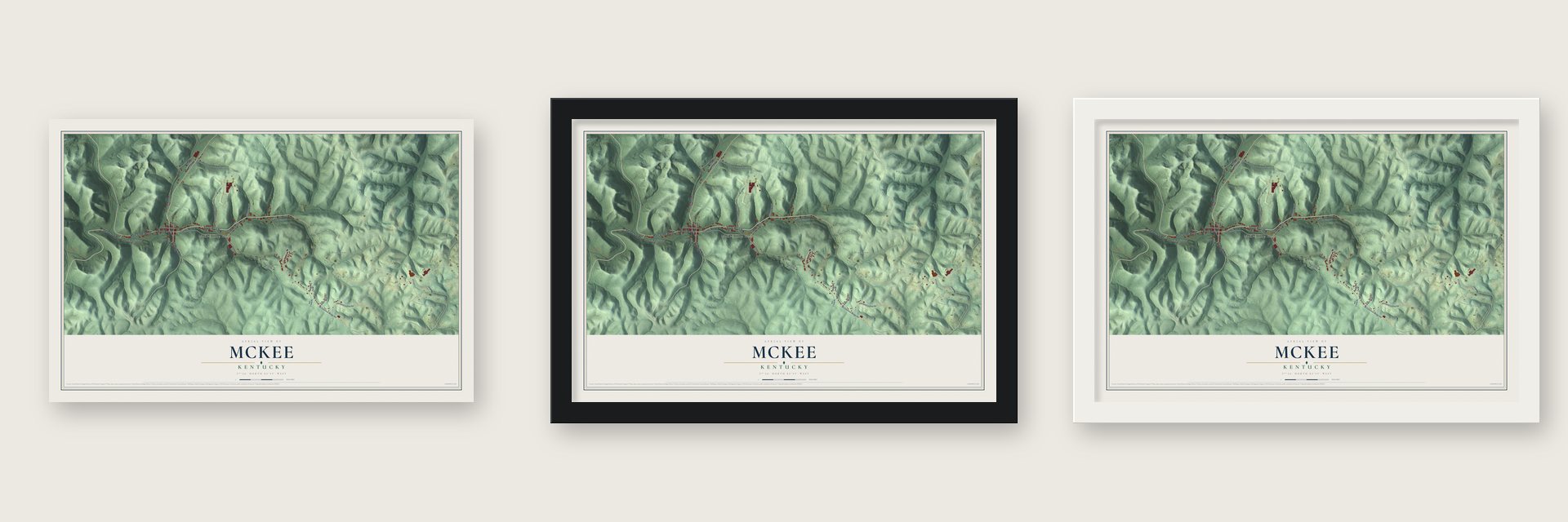 McKee, Kentucky map unframed, in a black wood frame and in a white wood frame