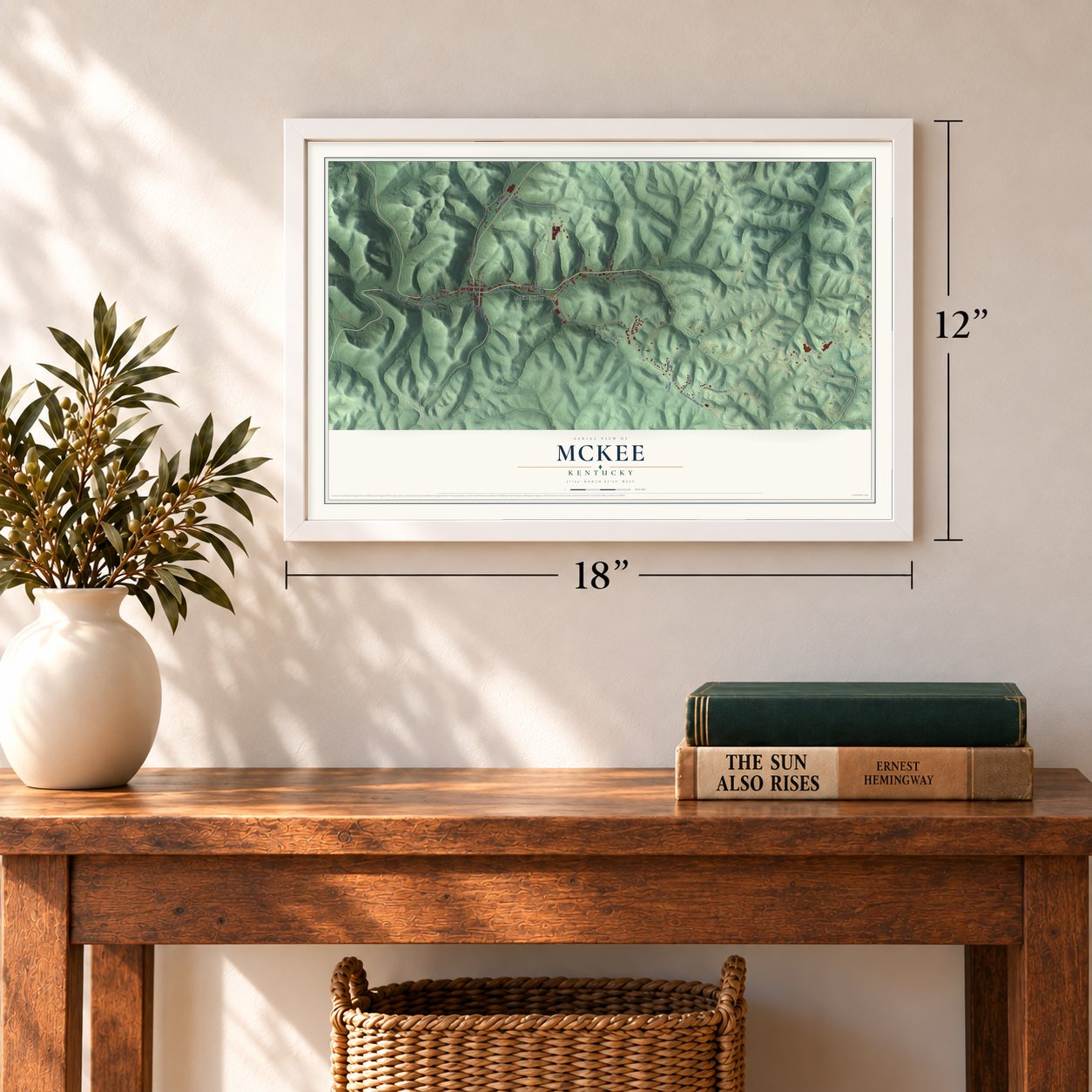 McKee, Kentucky map, 12 x 18 inch print in a white frame in an entryway