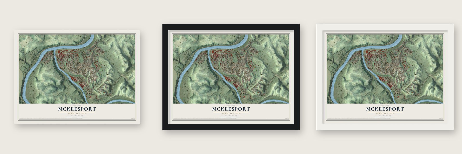 McKeesport, Pennsylvania map unframed, in a black wood frame and in a white wood frame