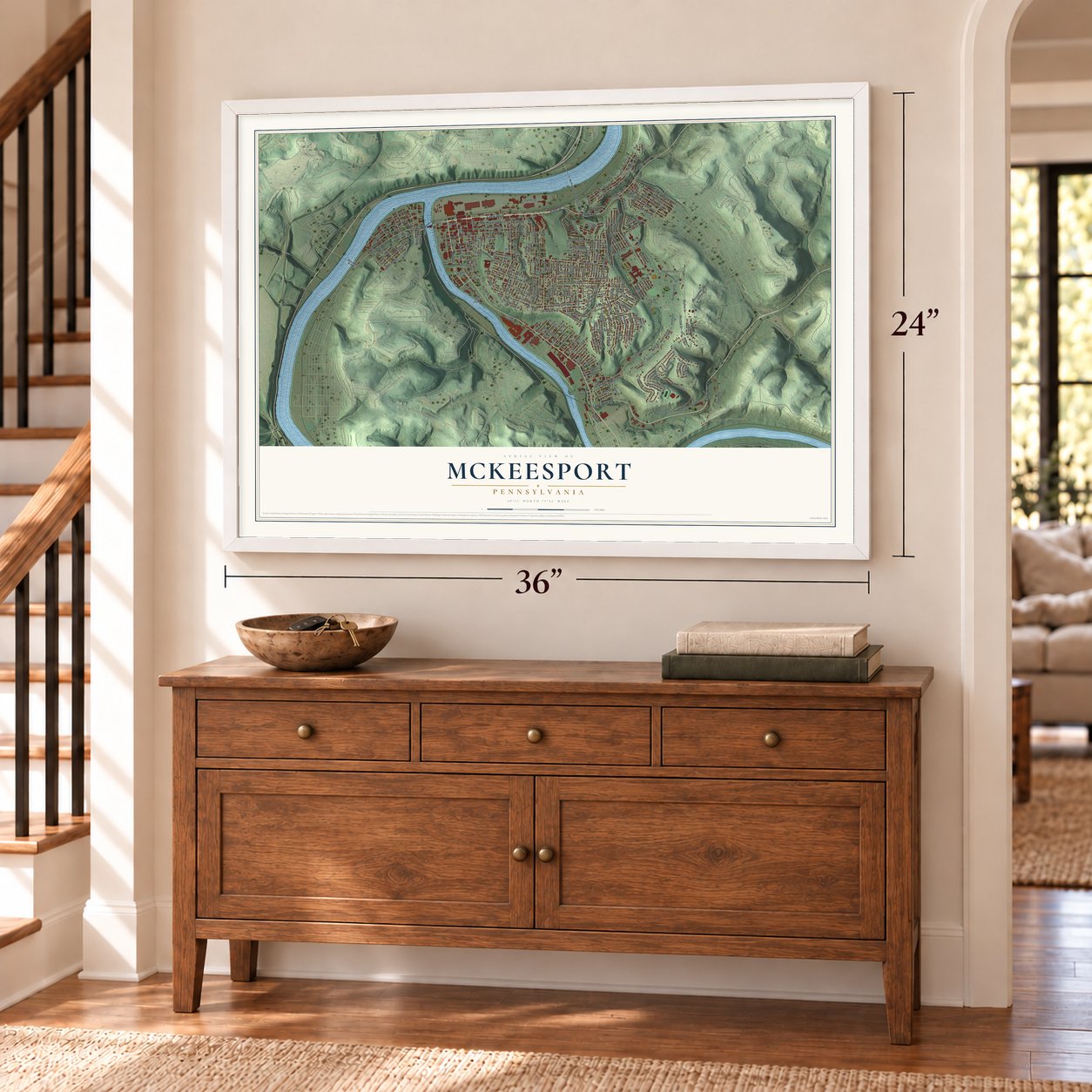 McKeesport, Pennsylvania map, 24 x 36 inch print in a white frame above a dresser by a staircase