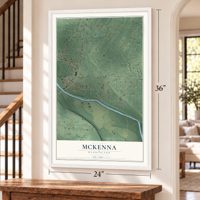 McKenna, Washington map, 24 x 36 inch print in a white frame by a staircase