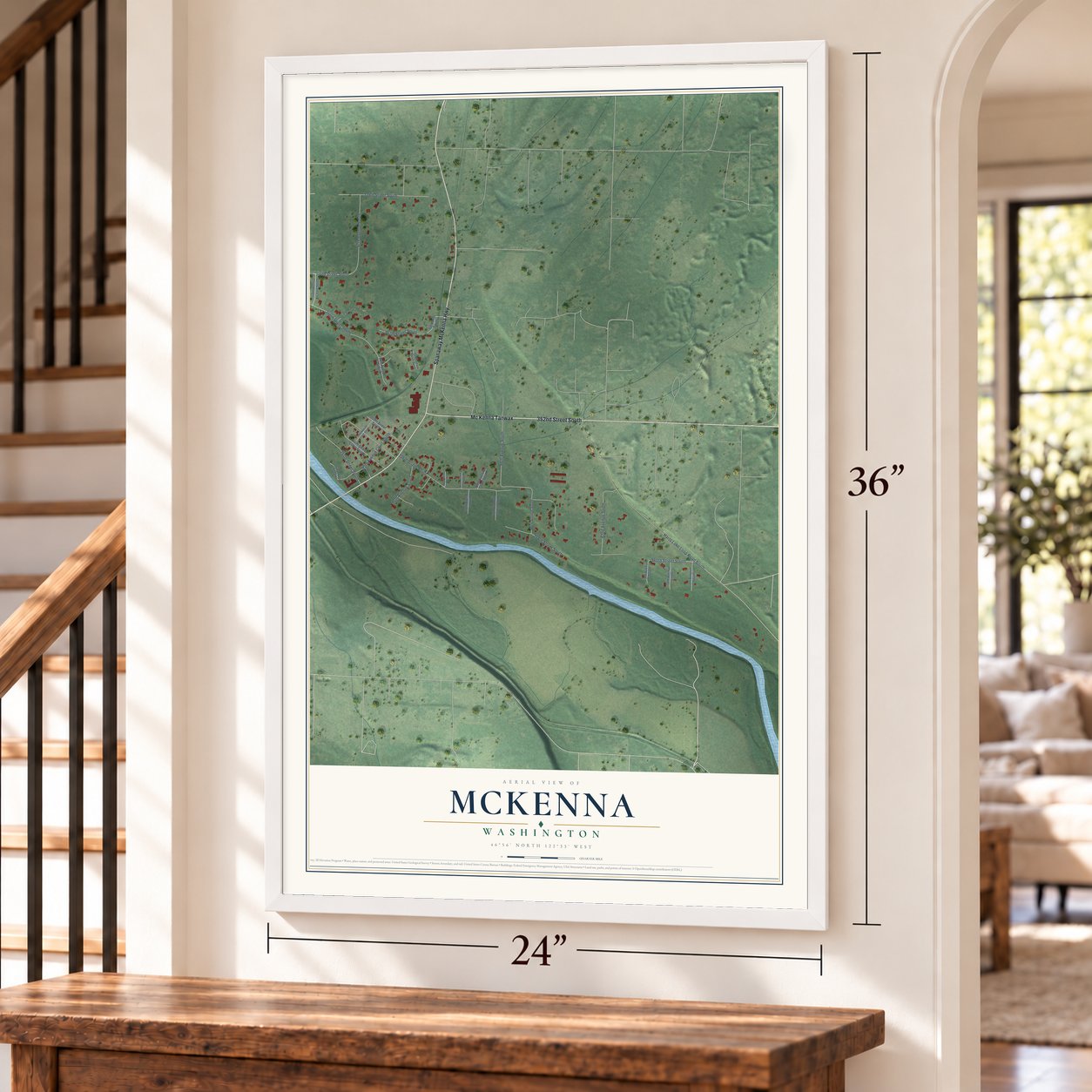 McKenna, Washington map, 24 x 36 inch print in a white frame by a staircase