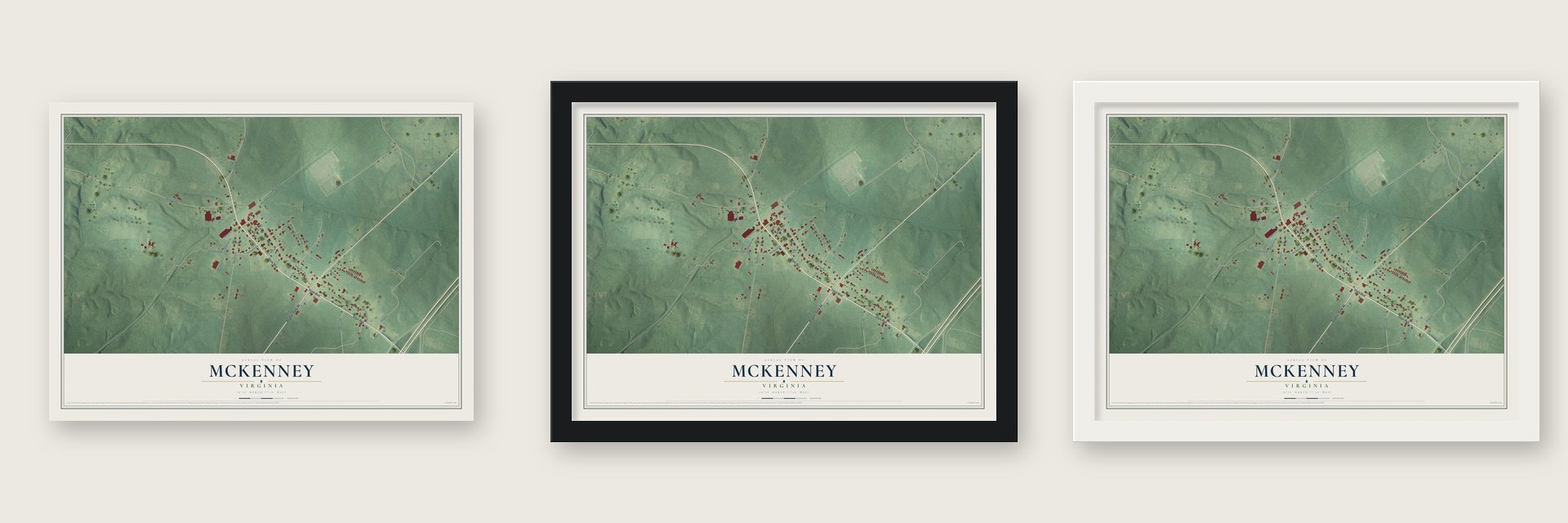 McKenney, Virginia map unframed, in a black wood frame and in a white wood frame