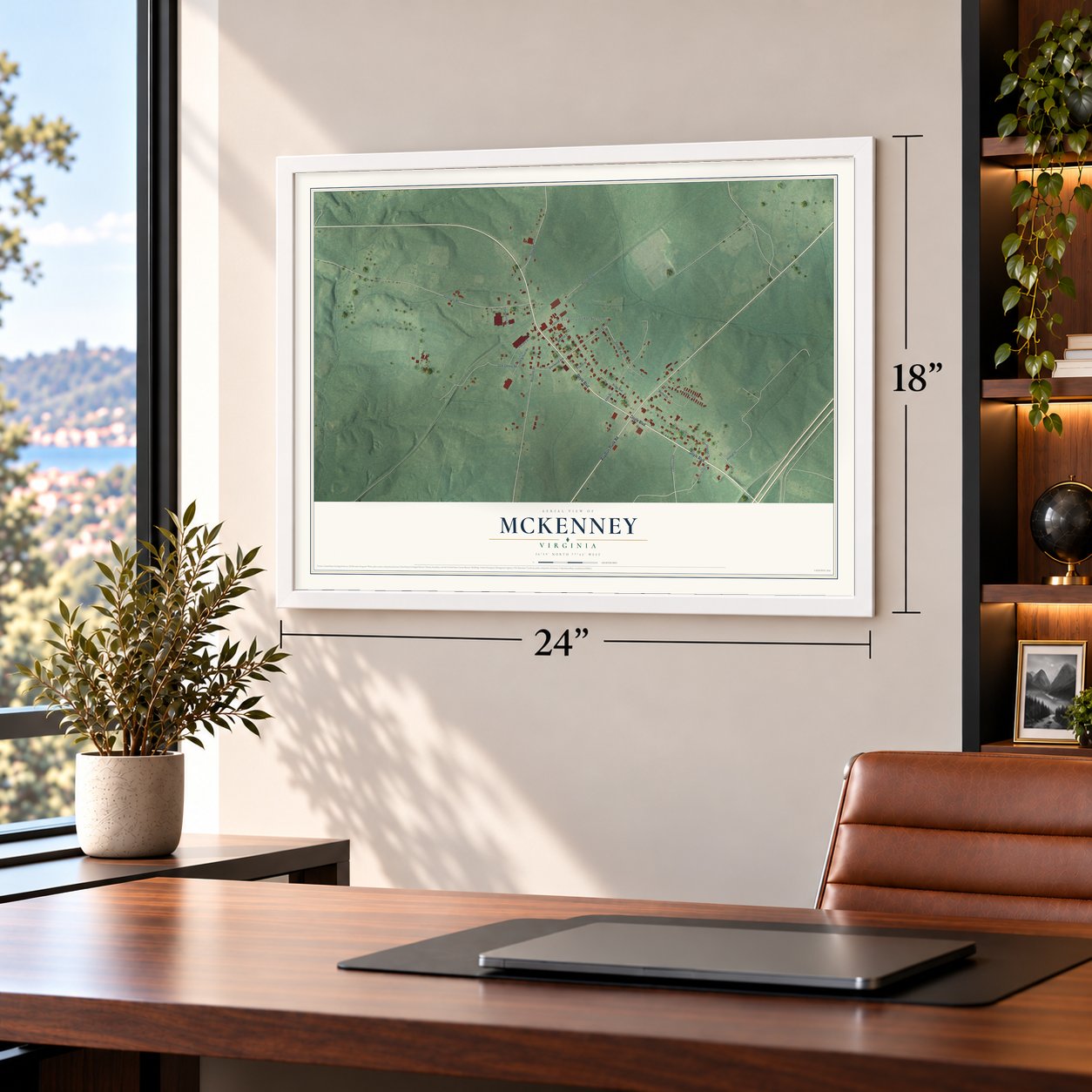 McKenney, Virginia map, 18 x 24 inch print in a white frame in a home office