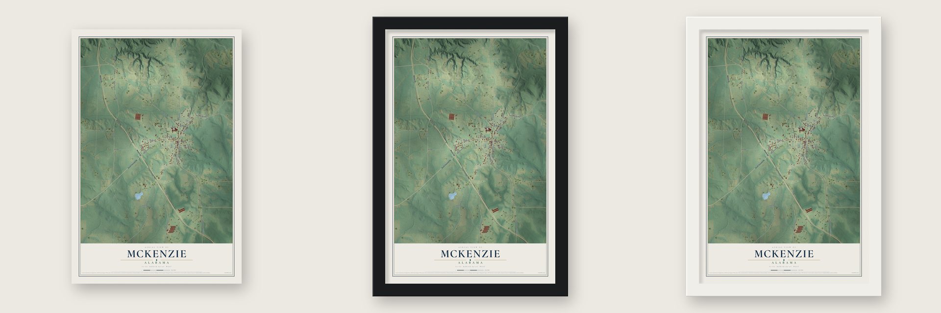 McKenzie, Alabama map unframed, in a black wood frame and in a white wood frame