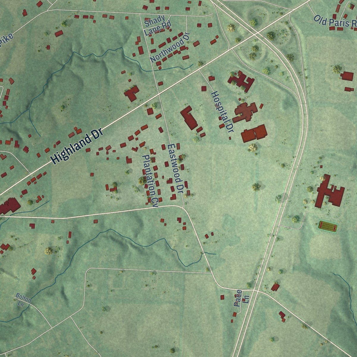 Second close-up of the map of McKenzie, Tennessee print showing more streets and buildings