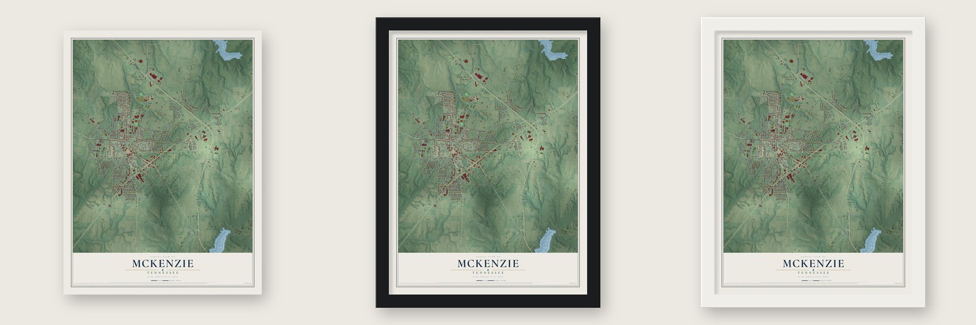 McKenzie, Tennessee map unframed, in a black wood frame and in a white wood frame