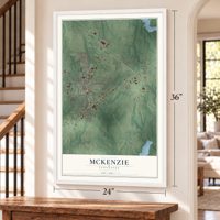 McKenzie, Tennessee map, 24 x 36 inch print in a white frame by a staircase