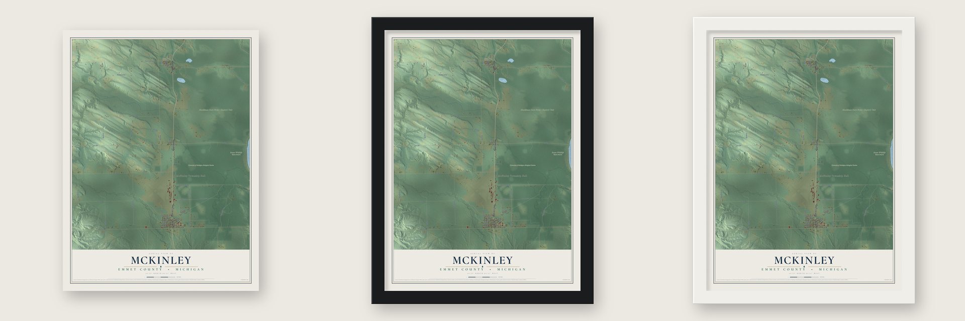 McKinley, Emmet County, Michigan map unframed, in a black wood frame and in a white wood frame