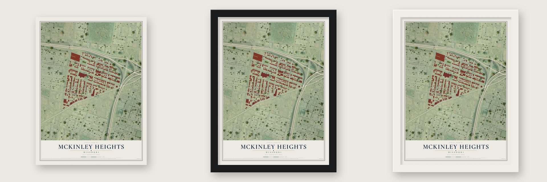 McKinley Heights, Missouri map unframed, in a black wood frame and in a white wood frame