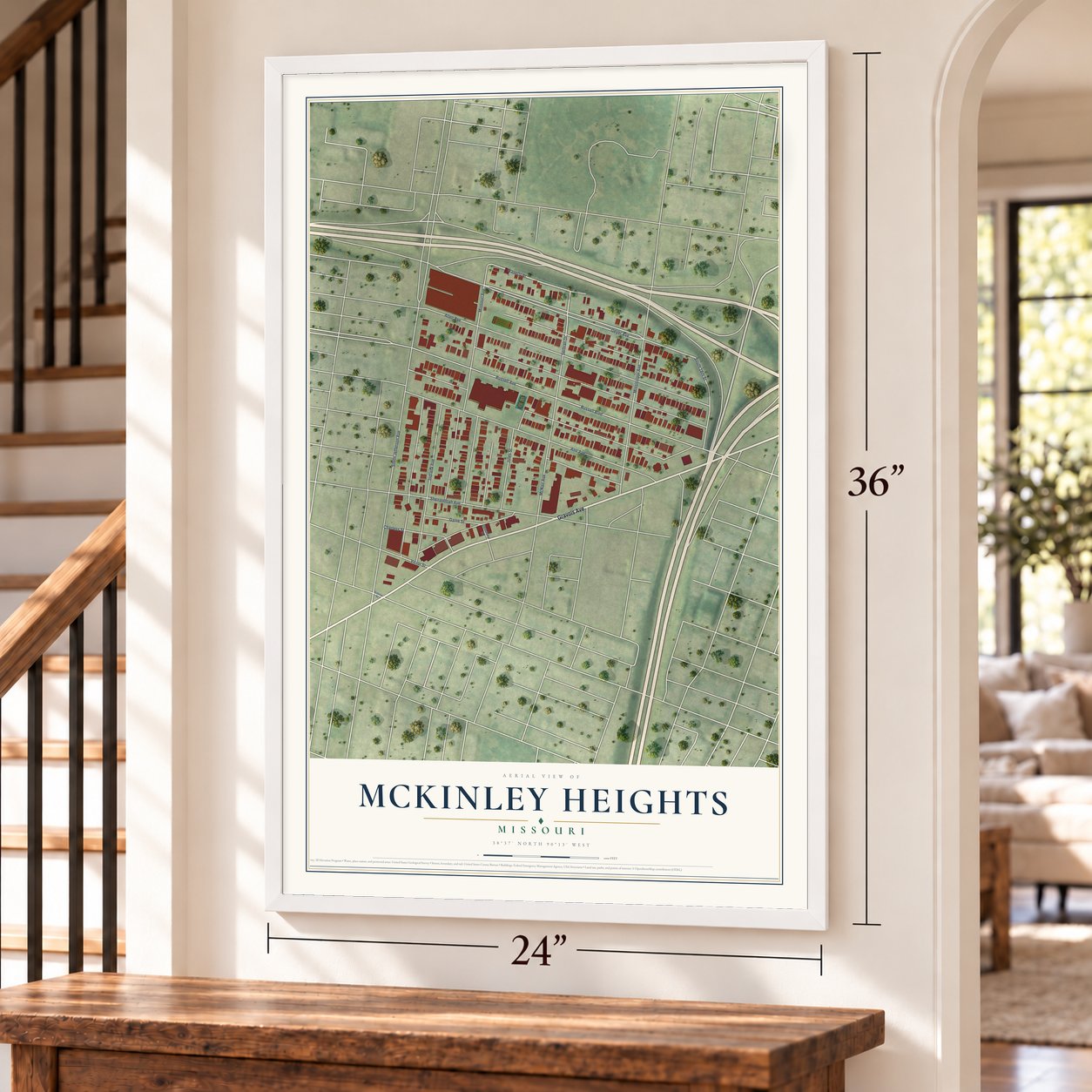 McKinley Heights, Missouri map, 24 x 36 inch print in a white frame by a staircase