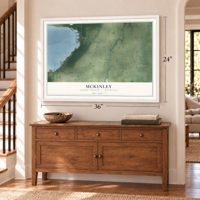 McKinley, Huron County, Michigan map, 24 x 36 inch print in a white frame above a dresser by a staircase
