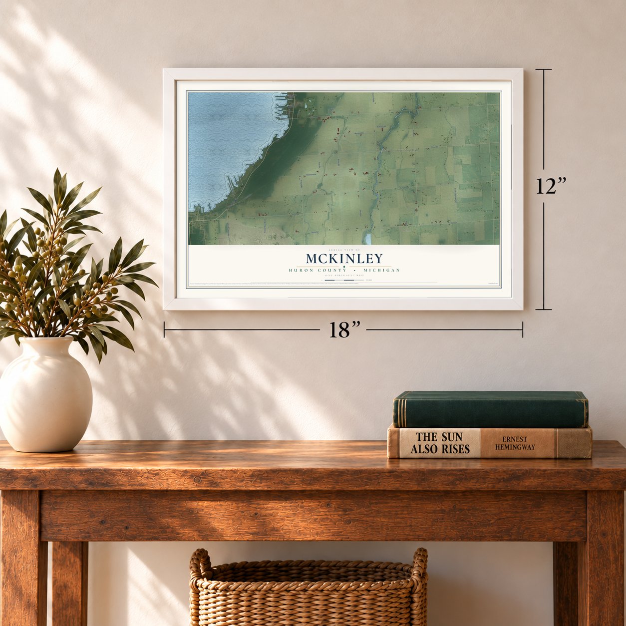 McKinley, Huron County, Michigan map, 12 x 18 inch print in a white frame in an entryway