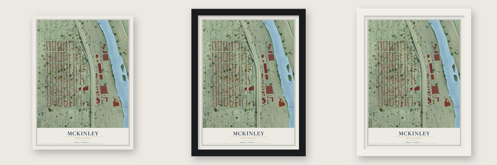 McKinley, Minneapolis, Minnesota map unframed, in a black wood frame and in a white wood frame