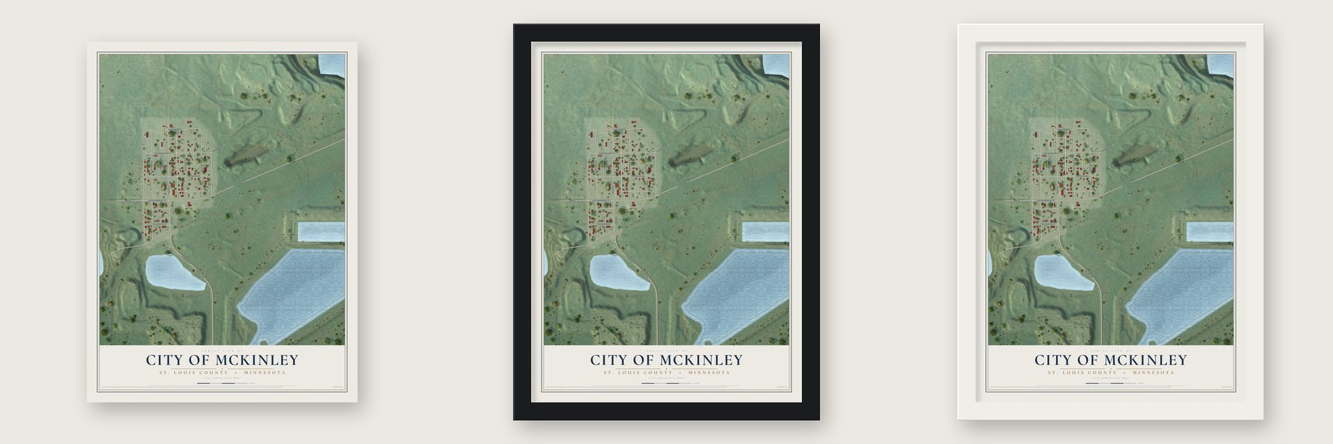 McKinley, Minnesota map unframed, in a black wood frame and in a white wood frame