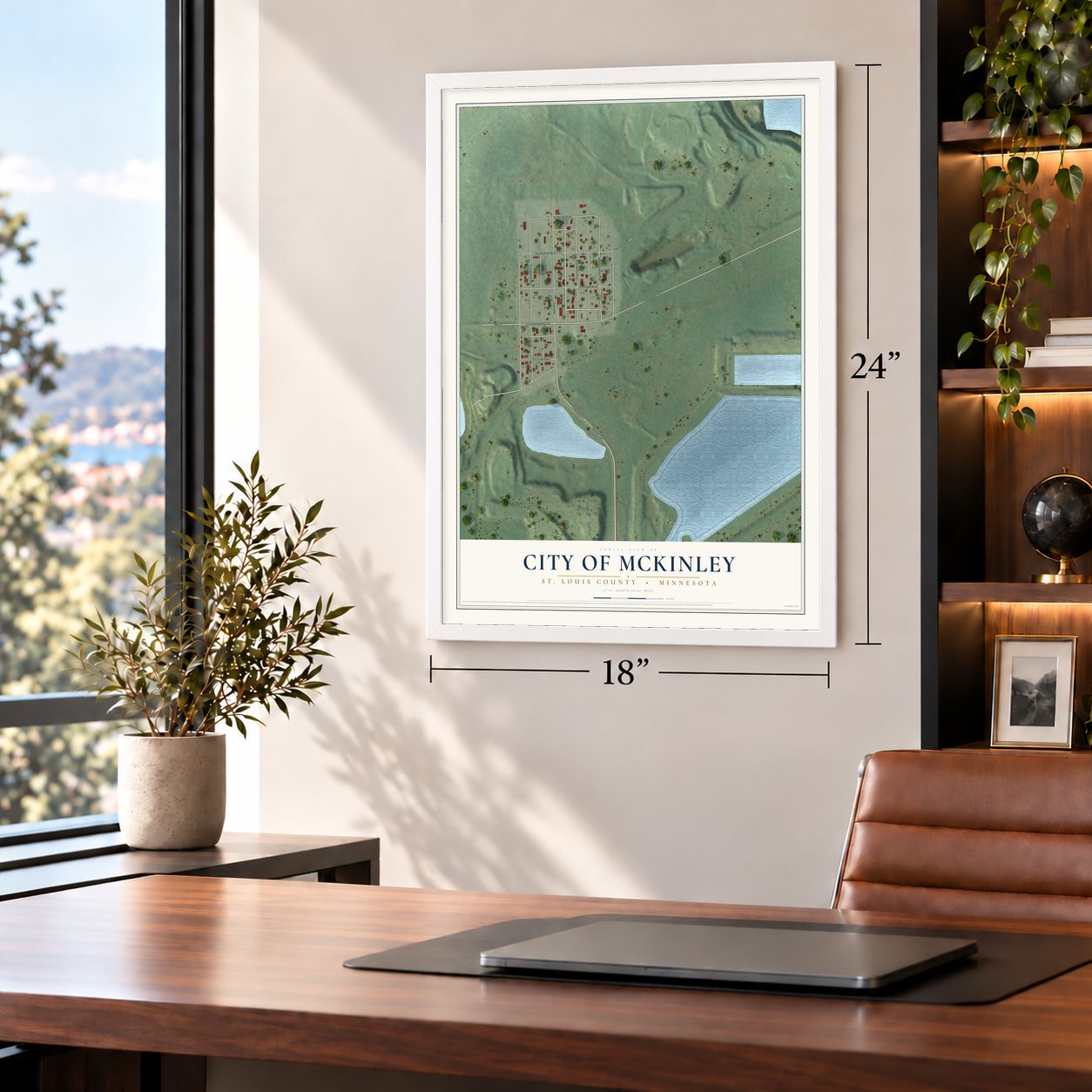 McKinley, Minnesota map, 18 x 24 inch print in a white frame in a home office
